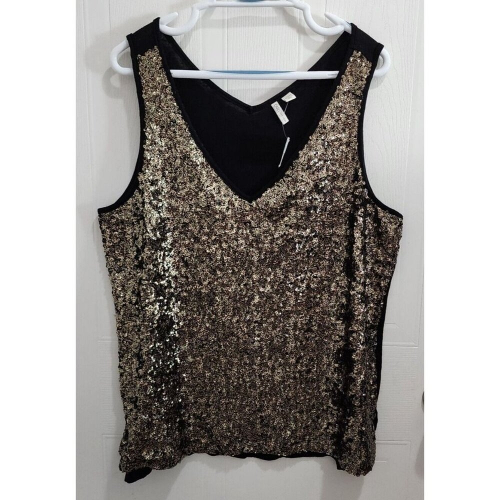 NEW Cato Women's Sleeveless V Neck Tank Top Black/Front Gold Sequins Size 18/20W